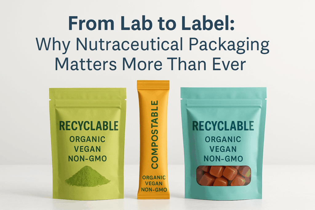 Three sustainable nutraceutical packaging formats, recyclable pouches and a compostable stick pack under headline 'From Lab to Label: Why Nutraceutical Packaging Matters More Than Ever'.
