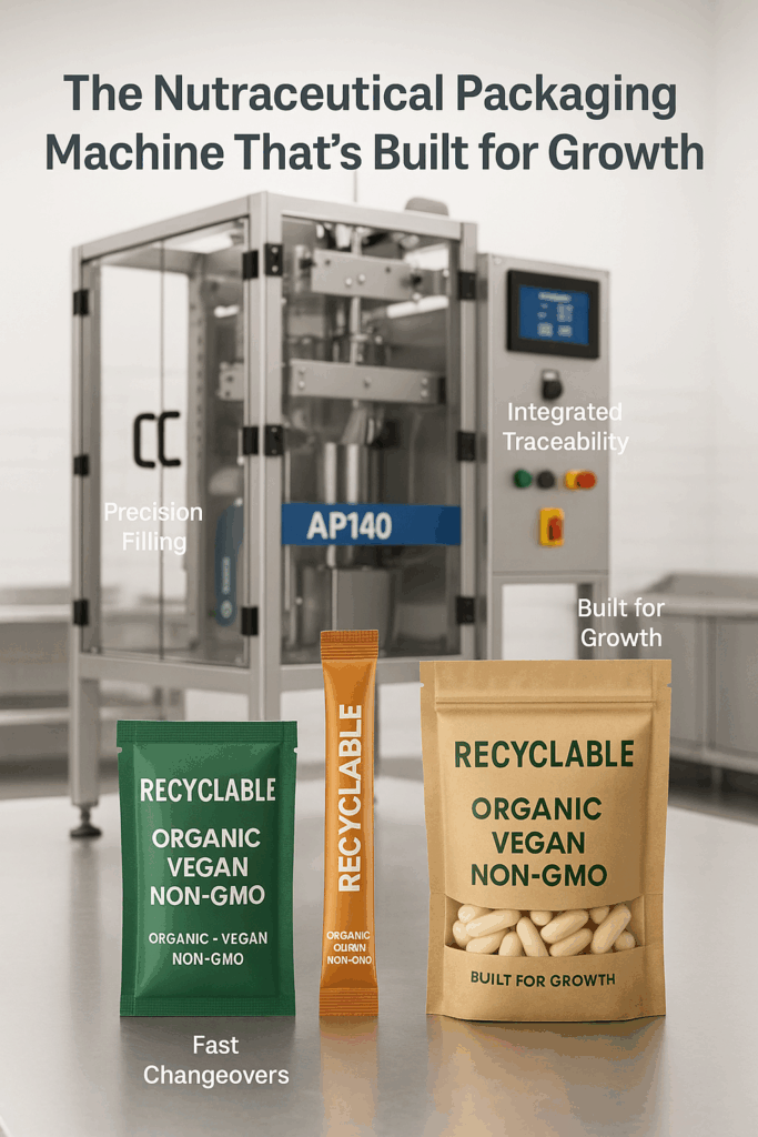 AP-140 nutraceutical packaging machine with recyclable packaging examples and feature callouts like precision filling, integrated traceability, fast changeovers, and built for growth.