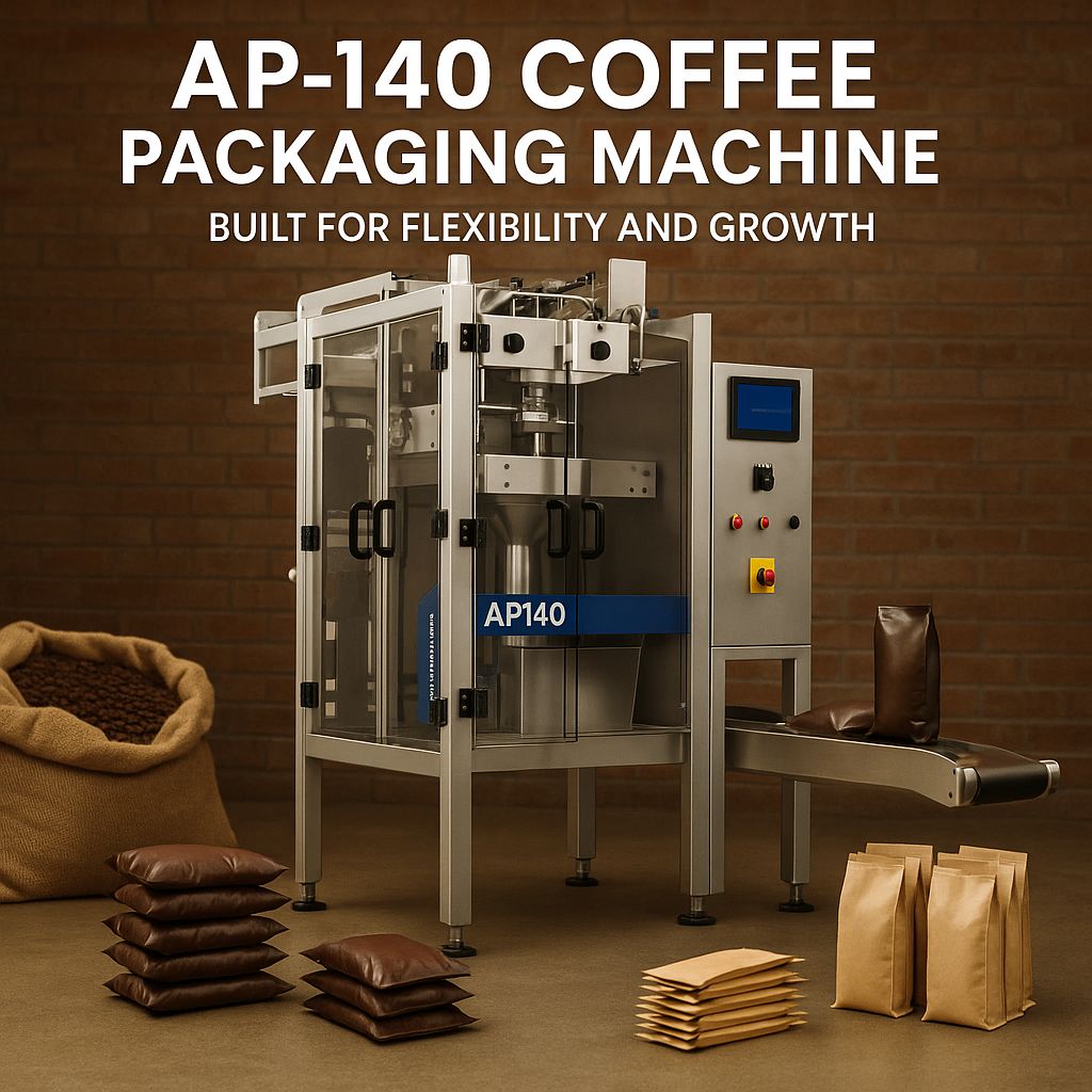 AP-140 coffee packaging machine with clear safety doors and touchscreen interface, designed for flexible pouch formats.