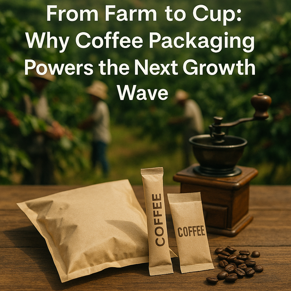 Three types of Unified Flex coffee packaging — stick pack, pouch style bag, and 3-side seal bag; displayed on a rustic wooden table with coffee beans and grinder, set against a lush coffee farm background