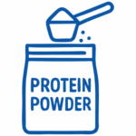 Flexible protein powder packaging pouch with a scoop of powder taken out.
