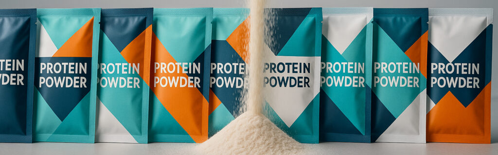 Row of colorful protein powder packaging sachets with modern design and powder pile in center.