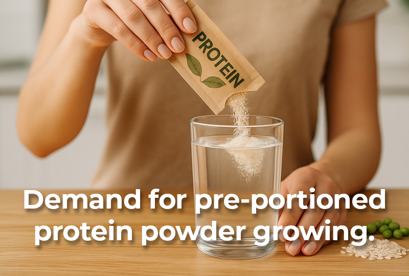 Person pouring pre-portioned protein powder from a sachet into a glass of water, illustrating convenient single-serve protein powder packaging.
