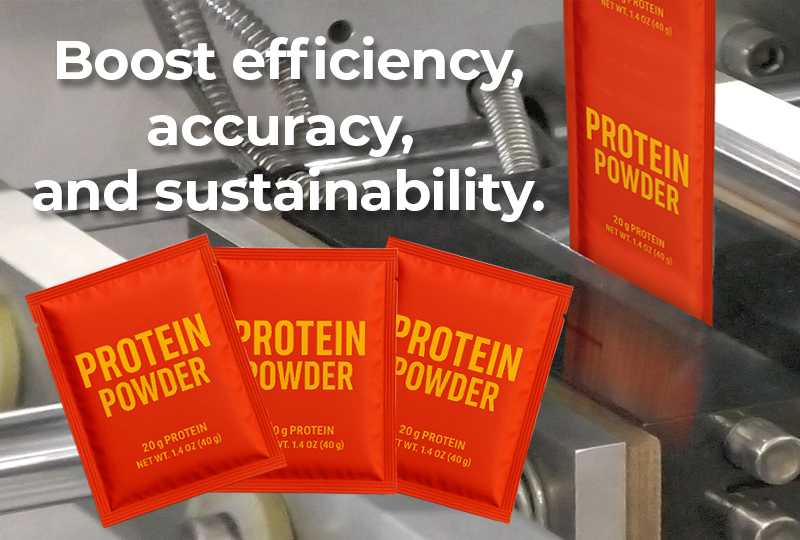 Flexible pouches of protein powder on automated protein powder machine for efficient, accurate packaging.