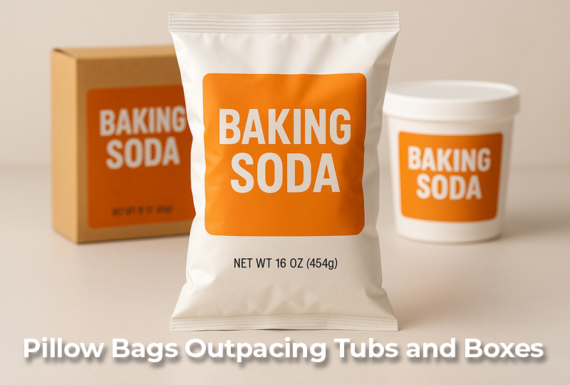 Baking soda packaged in pillow bag, tub, and box formats, with pillow bag in focus.