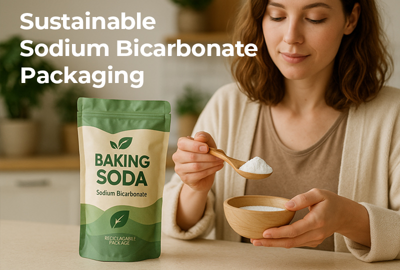 Woman scooping baking soda from a wooden bowl next to a recyclable pouch labeled “Baking Soda – Sodium Bicarbonate.