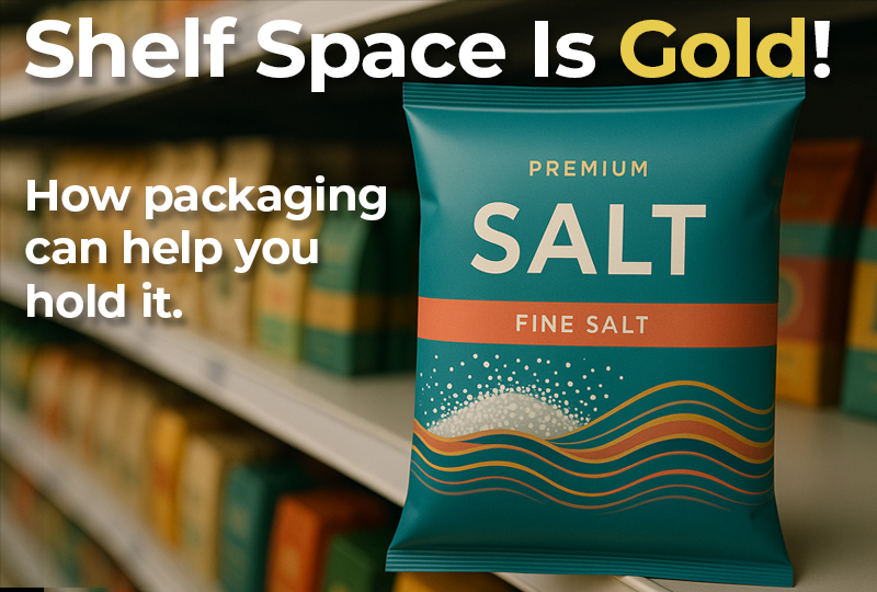 A vibrant fine salt pouch labeled “Premium Salt” stands out on a retail shelf, surrounded by other packaged goods. Text reads, “Shelf Space Is Gold! How packaging can help you hold it.