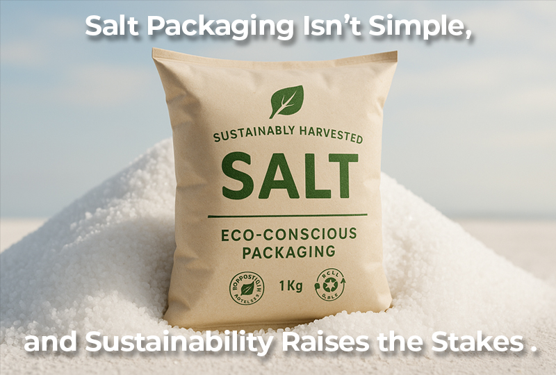 A 1kg eco-friendly salt pouch labeled "Sustainably Harvested Salt" sitting on a mound of salt under a clear sky. The packaging highlights compostable, recyclable features with green leaf and recycle icons.