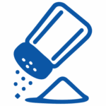 Blue icon of a tilted salt shaker pouring granules onto a small mound, representing salt dispensing or salt products.
