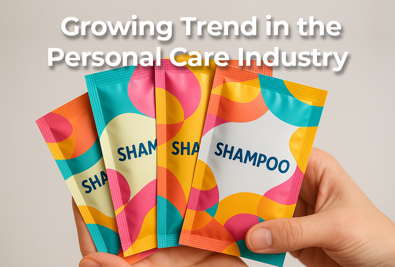 Colorful 4-side seal shampoo sachets held in hand, representing growing trends in personal care packaging.