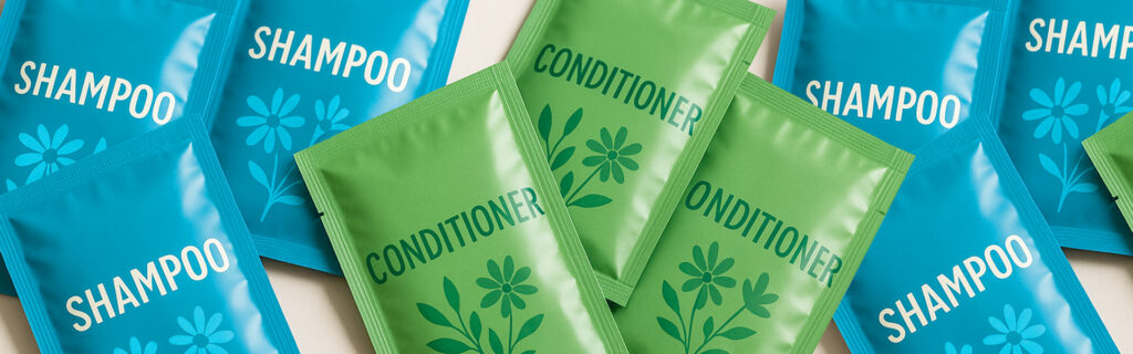 Shampoo and conditioner sachets produced by a shampoo packaging machine.