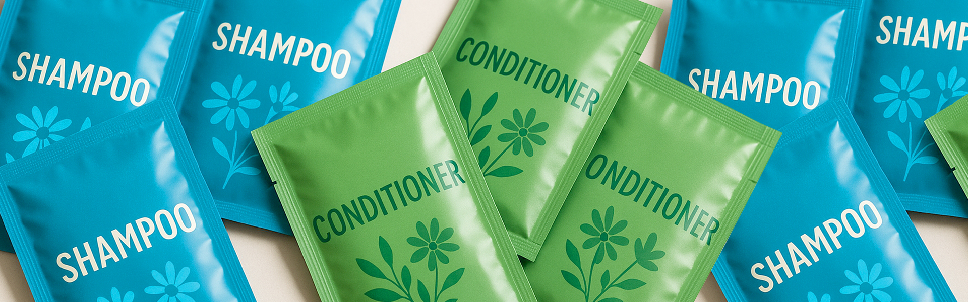 Shampoo and conditioner sachet packaging produced by high-speed automatic shampoo packaging machine with floral design