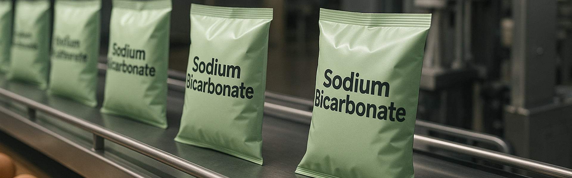 A production line with pale green pillow bags labeled ‘Sodium Bicarbonate’, sealed and aligned on a conveyor belt.