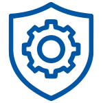 Blue line icon of a gear inside a shield, symbolizing mechanical durability and long-term reliability.