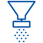 Blue line icon showing a funnel dispensing granules, representing flow control in packaging or processing systems.