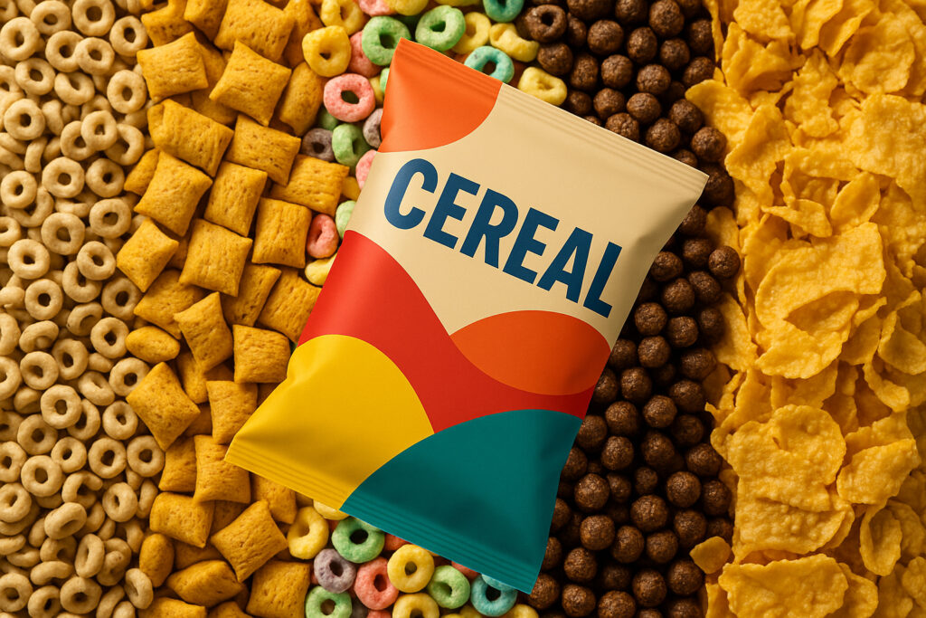 Cereal packaging blog banner featuring pillow bag design with cereal imagery and bold title.