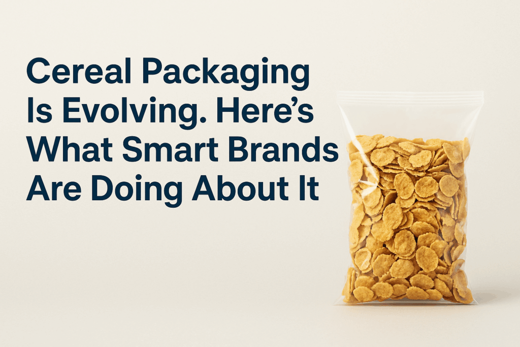 Cereal packaging blog banner featuring pillow bag design with cereal imagery and bold title.