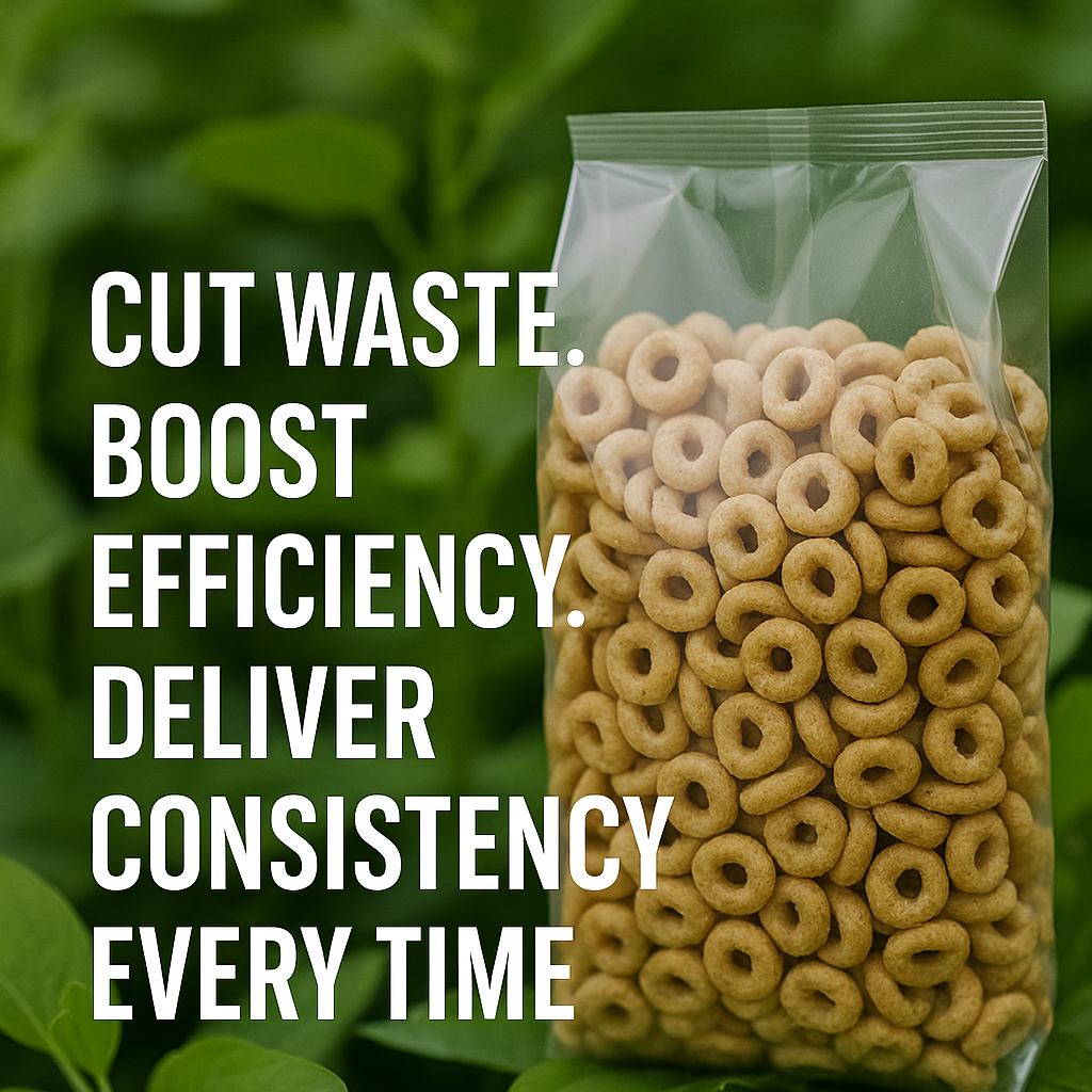 A pillow-style cereal bag with text overlay reading “Cut Waste. Boost Efficiency. Deliver Consistency Every Time,” representing sustainable and efficient cereal packaging solutions.