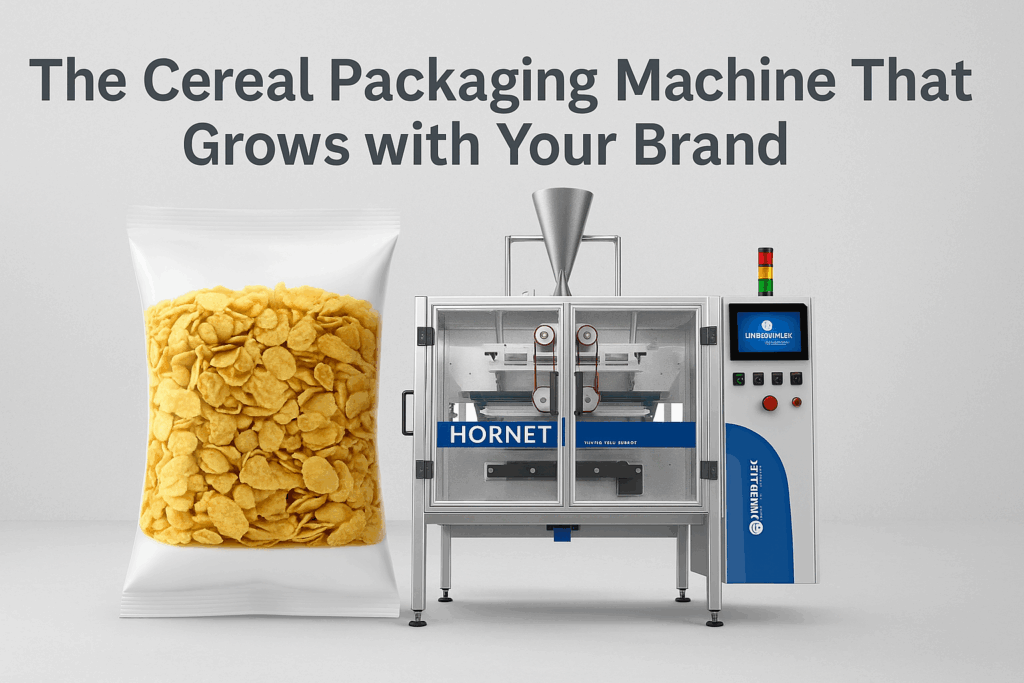 Vertobagger Hornet cereal packaging machine with a clear pillow bag of cornflakes, showcasing the headline “The Cereal Packaging Machine That Grows with Your Brand.
