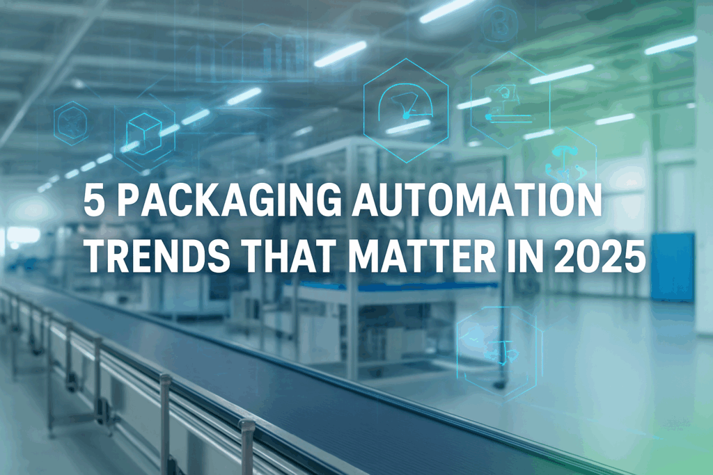Modern factory with digital automation overlays and conveyor line, featuring the blog title "5 Packaging Automation Trends That Matter in 2025