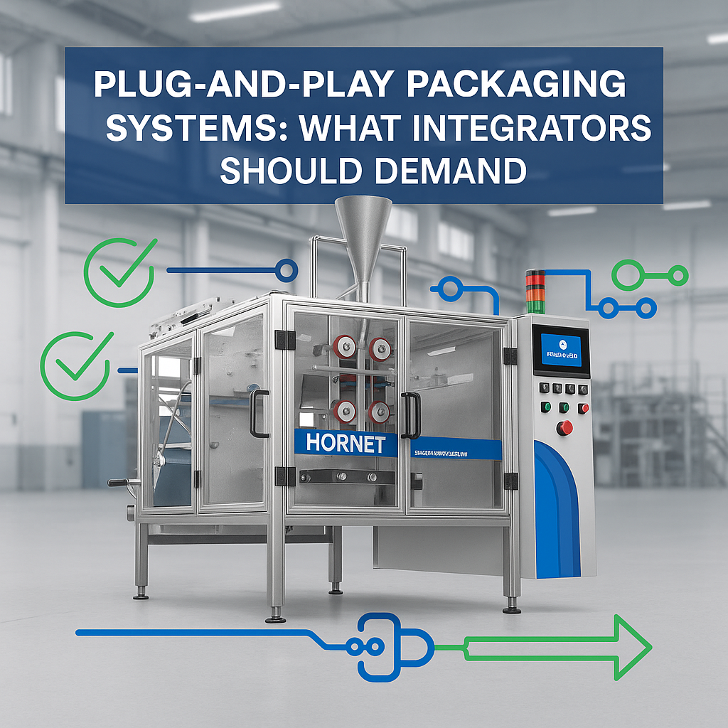 Hornet packaging machine in a modern factory setting with digital plug-and-play graphics and blog title overlay.