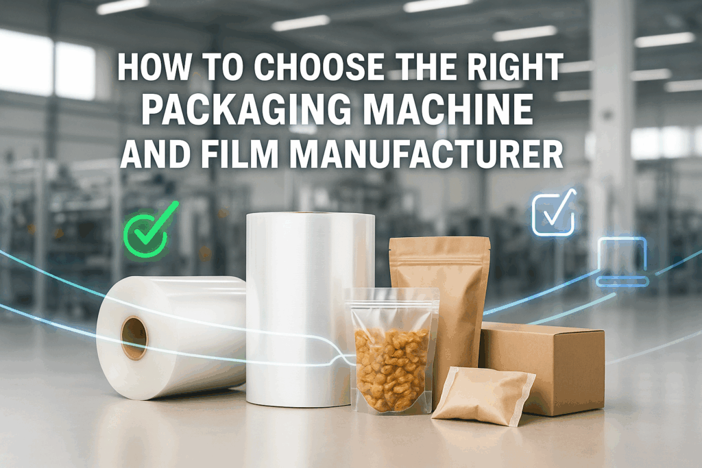 Realistic factory floor with packaging film rolls and pouches, overlaid with digital checkmarks and network lines, featuring the blog title.