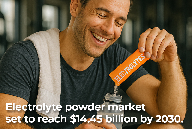 Smiling man in workout attire pours orange electrolyte powder stick pack into a water bottle, with text overlay stating “Electrolyte powder market set to reach $14.45 billion by 2030.