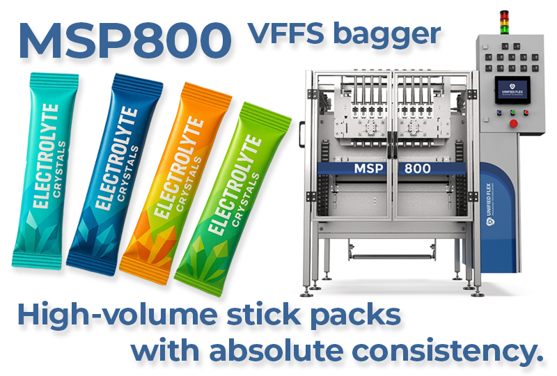 MSP 800 VFFS bagger machine with colorful electrolyte stick packs in teal, blue, orange, and green, accompanied by the tagline “High-volume stick packs with absolute consistency.