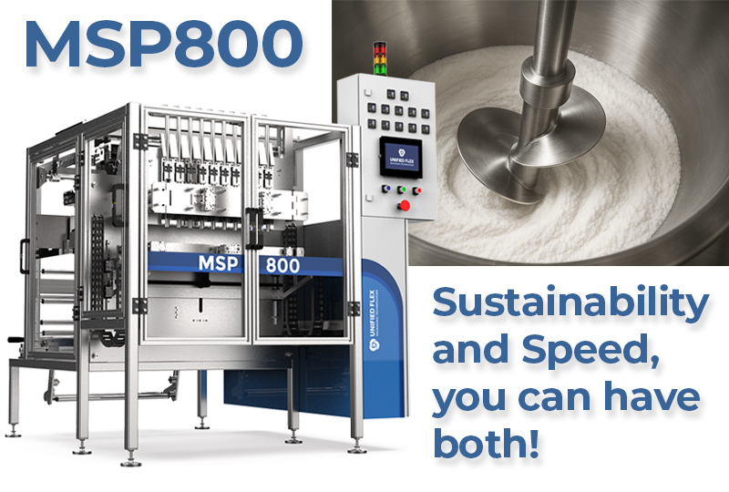 MSP 800 stick pack machine with control panel, mixing vessel of powder ingredients, and tagline “Sustainability and Speed, you can have both!” displayed alongside.