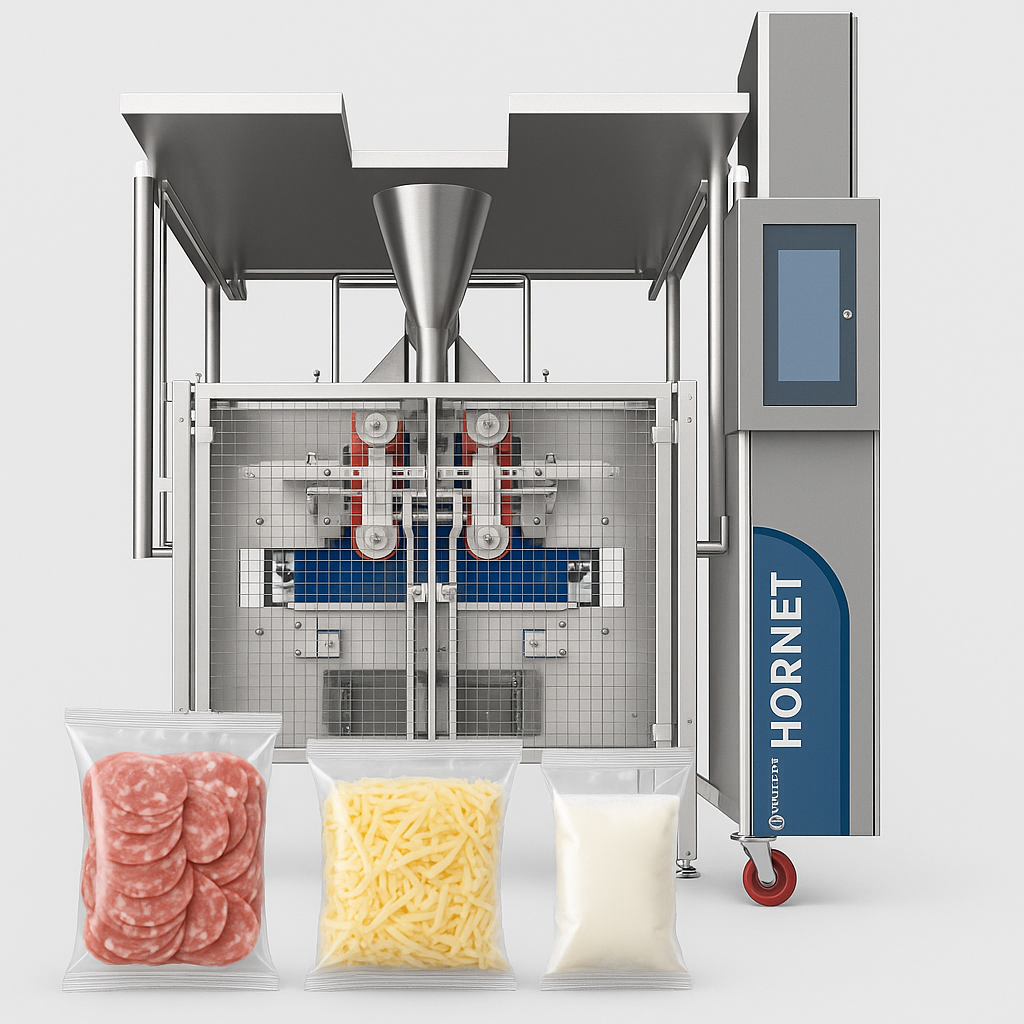 Hornet Washdown packaging machine with pillow bags of deli meat slices, shredded cheese, and liquid dairy displayed in front, illustrating flexible cold chain packaging.