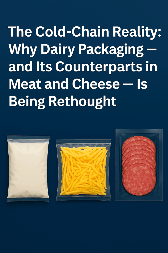 Three recyclable pillow bags — one with liquid milk, one with shredded cheese, and one with sliced deli meat — displayed under the headline “The Cold-Chain Reality: Why Dairy Packaging — and Its Counterparts in Meat and Cheese — Is Being Rethought.”