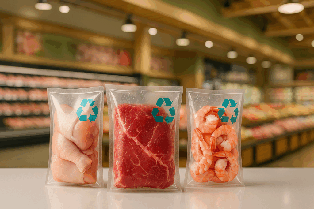 Clear eco-friendly pillow bags containing fresh poultry, beef, and shrimp displayed in a grocery store setting with a soft reflection beneath them.