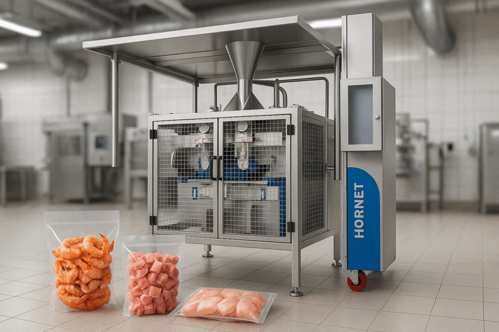 Hornet Washdown meat packaging machine in a cold-chain facility with fresh poultry, seafood, and meat pillow bags arranged on a stainless steel conveyor.