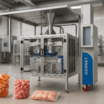 Hornet Washdown meat packaging machine in a cold-chain facility with fresh poultry, seafood, and meat pillow bags arranged on a stainless steel conveyor.