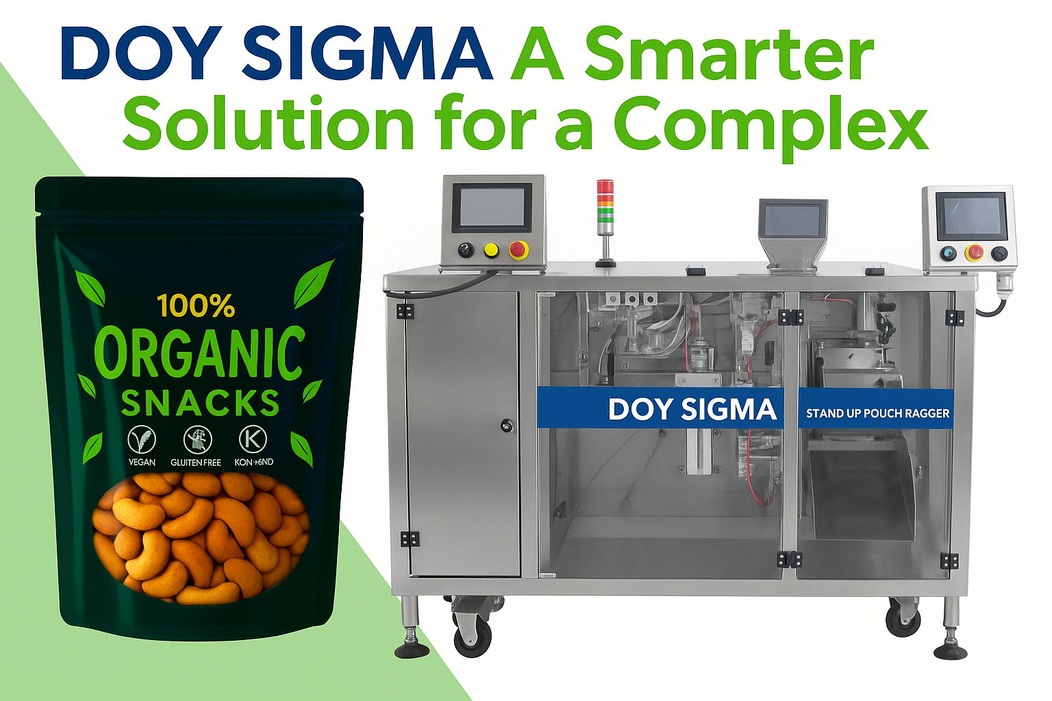 A reliable snack packaging machine, the DOY 100, shown alongside a resealable stand-up pouch filled with organic snacks like almonds.