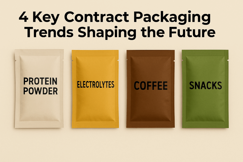 Four sachet packets labeled Protein Powder, Electrolytes, Coffee, and Snacks representing key contract packaging trends shaping the future.
