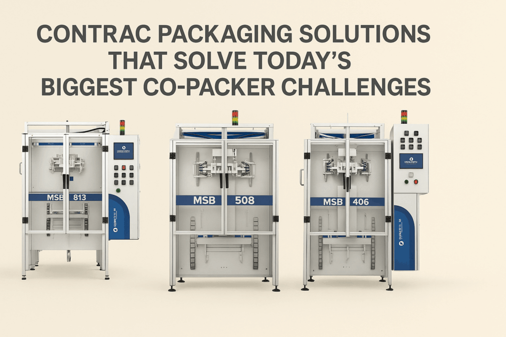 Three Unified Flex MSB Series multi-lane sachet bagging machines, showcasing innovative contract packaging solutions for co-packers.