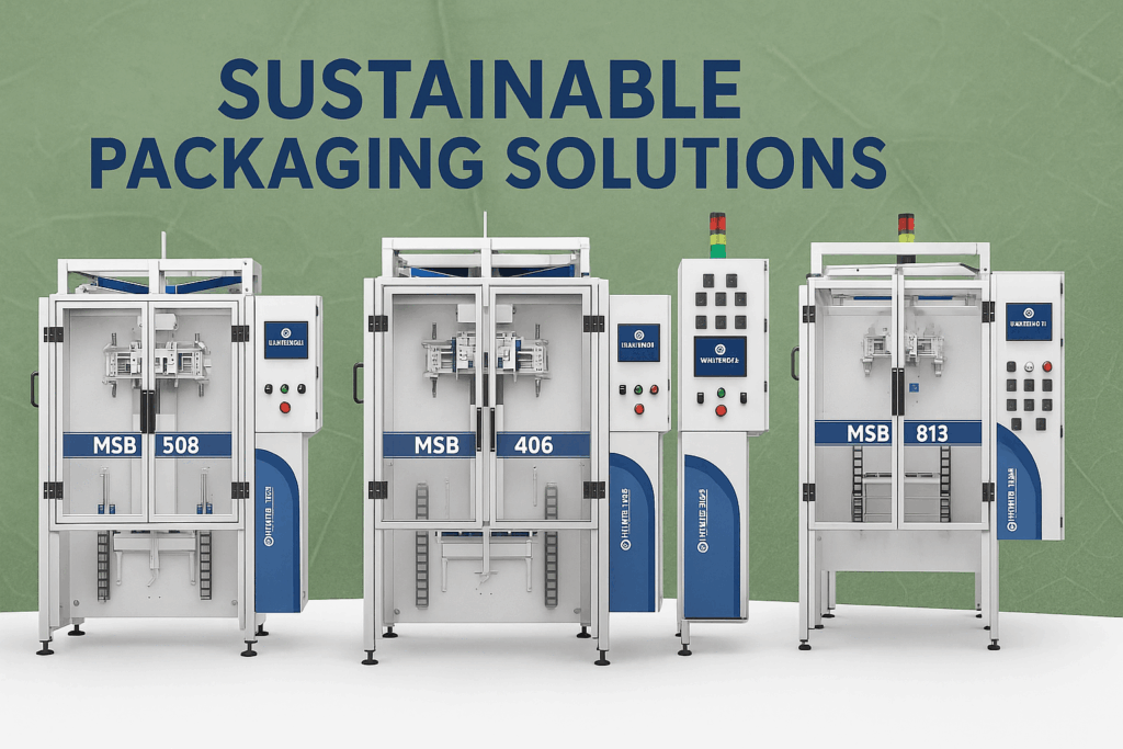 Three MSB Series multi-lane sachet bagging machines by Unified Flex, designed for sustainable packaging solutions using recyclable and compostable films.