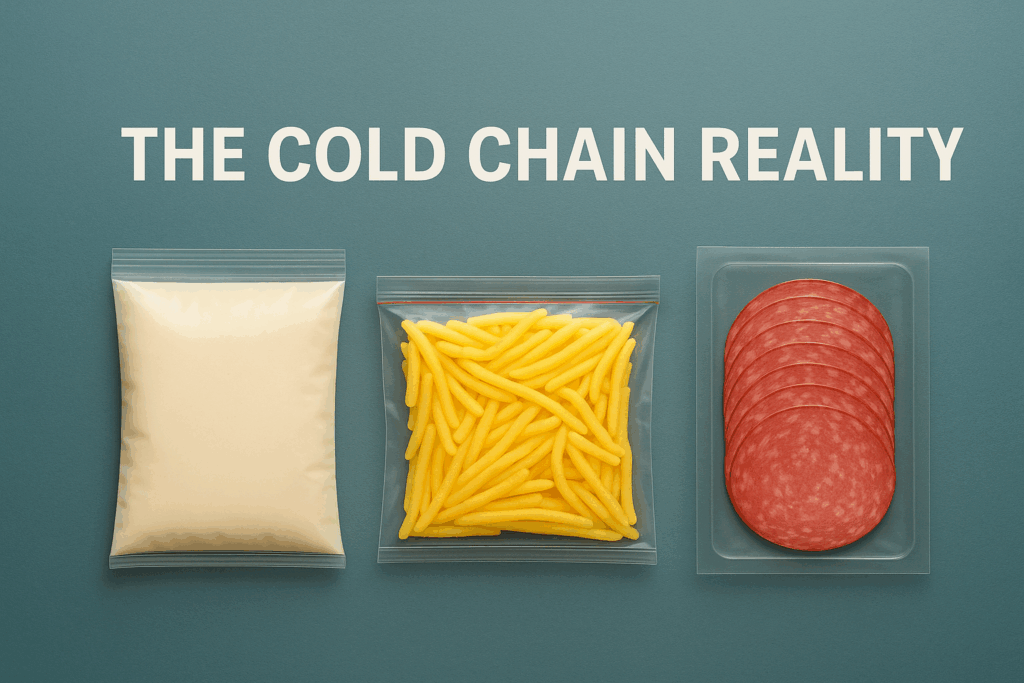 Three recyclable pillow bags — one with liquid milk, one with shredded cheese, and one with sliced deli meat — displayed under the headline “The Cold-Chain Reality: Why Dairy Packaging — and Its Counterparts in Meat and Cheese — Is Being Rethought.”
