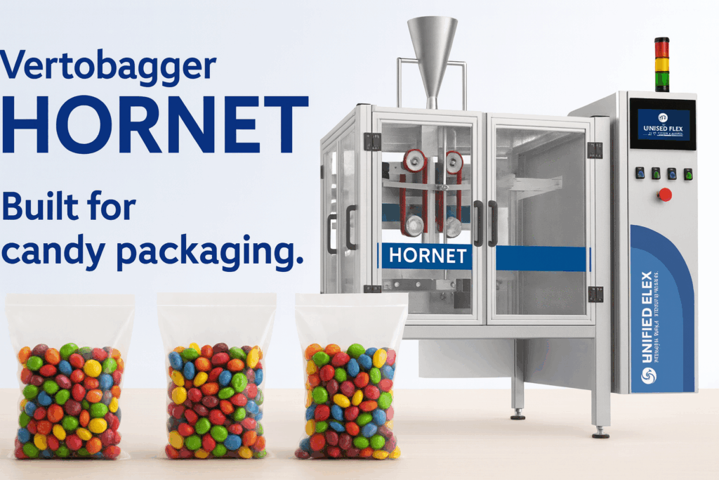 Vertobagger Hornet candy packaging machine with colorful pillow bags of candy on display, built for efficient candy packaging.