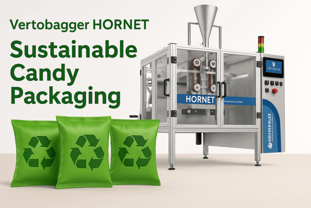 Vertobagger Hornet candy packaging machine with eco-friendly green pillow bags featuring recycling symbols, representing sustainable candy packaging.