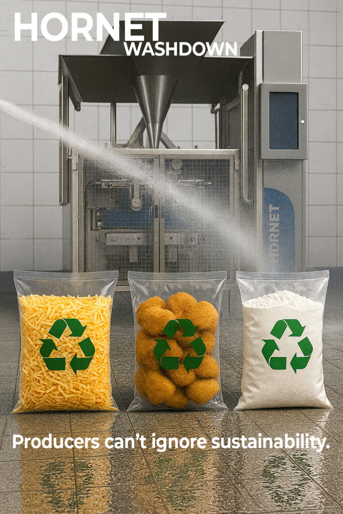 Hornet Washdown packaging machine with recyclable pillow bags of shredded cheese, deli meat slices, and liquid milk displayed in front, highlighting sustainable cold chain packaging.