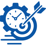Blue icon showing a clock inside a gear with an arrow hitting a target, symbolizing efficiency and precision in operations.