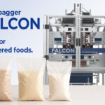 Unified Flex Vertobagger Falcon machine designed for efficient food powder packaging, with filled pillow bags of powdered food in front.