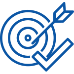 Blue line icon of a target with an arrow hitting the center and a checkmark symbolizing precision and accuracy.