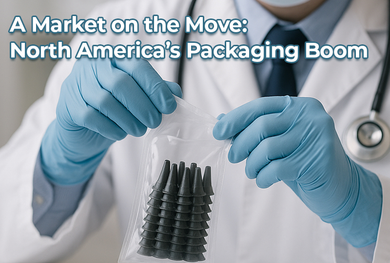 Medical professional holding a clear sterile pouch containing medical device components, representing growth in North America’s medical device packaging market.
