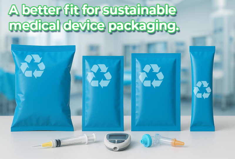 Recyclable flexible pouches for sustainable medical device packaging displayed with syringes, diagnostic equipment, and sterile components in a cleanroom environment.