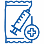 Blue line icon of a syringe with medical packaging and a cross symbol, representing sterile medical device packaging.