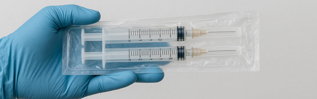 Gloved hand holding two sterile syringes sealed in clear medical-grade blister packaging for safe handling and storage.
