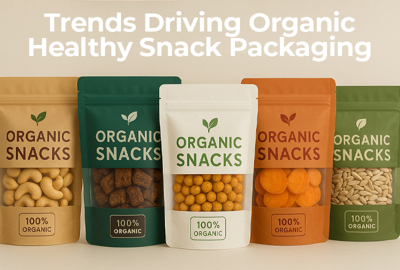 Eco-friendly stand-up pouches filled with organic snacks like cashews, granola bites, and seeds, showcasing sustainable packaging trends.